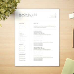 May include: A white resume template with the name Rachel Lee and the title Professional Title at the top. The resume includes sections for Education, Skills, Awards, Certificates, About Me, and Work Experience.