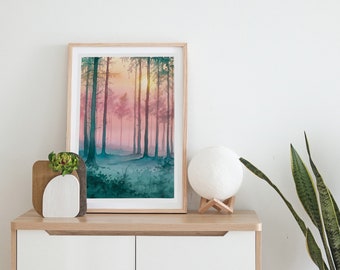 Magical Forest, Aquarelle Painting, FINE ART PRINT, Forest, Nature, Pink, Green