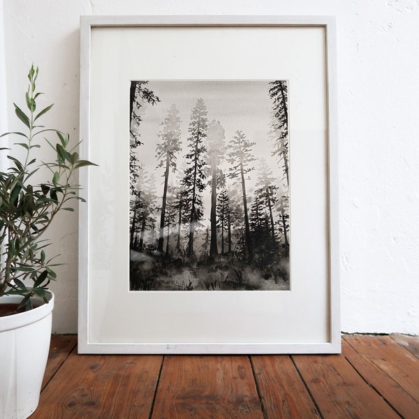 Gloom, FINE ART PRINT,  Aquarell Malerei, Wald, Natur, Schwarz weiß