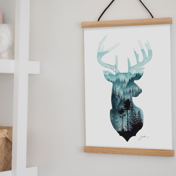 Oh Deer, FINE ART PRINT, Aquarell Malerei, Hirsch, Reh, Geweih, Wald, Grün