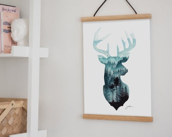 Oh Deer, FINE ART PRINT, Aquarelle Painting, Stag, Deer, Forest, Trees, Green