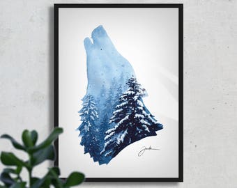 Snow Wolf, FINE ART PRINT, Aquarell Painting, Winter, Forest, Snow, Blue