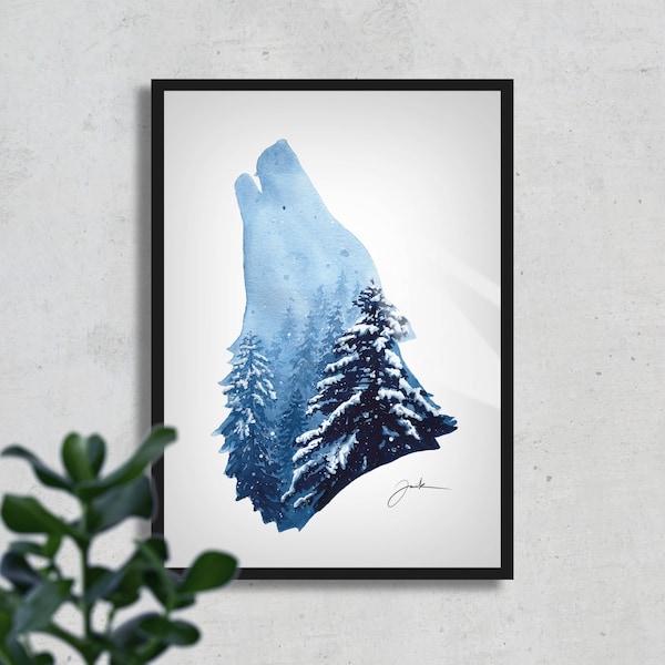 Snow Wolf, FINE ART PRINT, Aquarell Painting, Winter, Forest, Snow, Blue