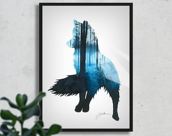 Forest Fox, FINE ART PRINT, Aquarelle Painting, Nature, Blue