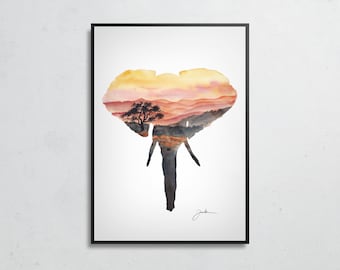 Elephant, FINE ART PRINT, Aquarelle Painting, Orange, Africa