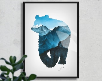 Mountain Bear, FINE ART PRINT, Aquarelle Painting, Blue, Nature