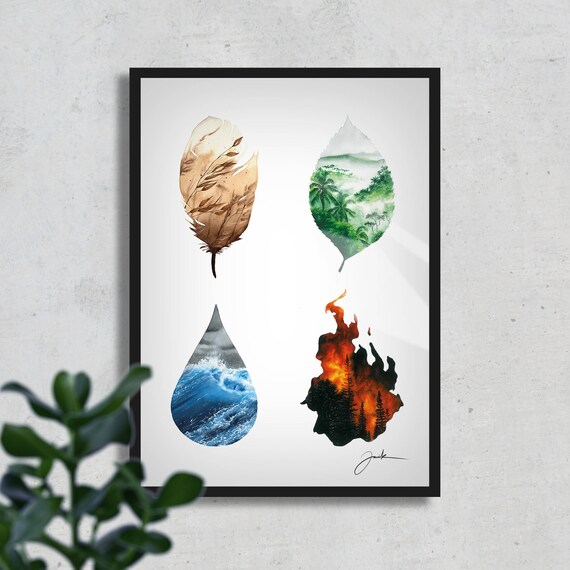 Die Elemente Fine Art Print Aquarell Malerei Feuer Wasser Etsy