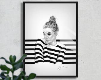 Stripes, FINE ART PRINT, Pencil Drawing, Portrait, handmade