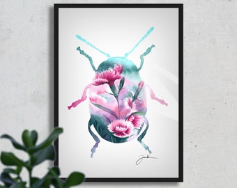 Floral Insect, Aquarelle Painting, FINE ART PRINT, Nature, Beetle, Flowers, Pink