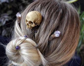 Bone and Skull Hair Sticks, Realistic Tree Branch Hair Wand, Amethyst Crystals Hair Accessories, Gothic Wedding Accessorize, Witchy Gift
