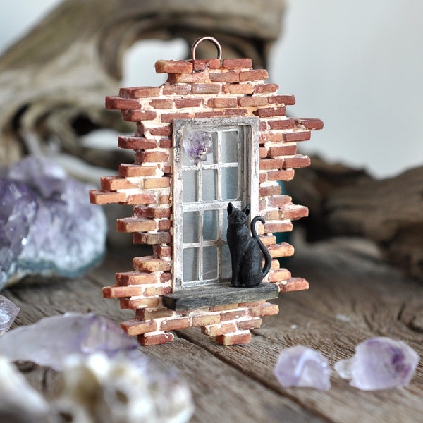 Wall Hanging Ornament, Miniature Old Brick Wall, Stray Cat, Miniature Weathered Window , Diorama Art, Decorative Art Object, Home Decor