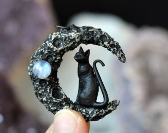Crater Moon Cat Pendant, Small Size Crater Crescent Moon Necklace, Rainbow Moonstone Necklace, Resin Jewelry, Polymer Clay Celestial Jewelry