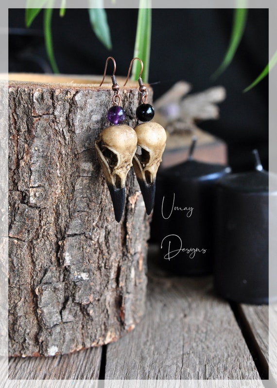Boucles D'oreilles Tête De Mort Corbeau (petite Taille) Originales Fabriquées Et Conçues Par Defy. / Bijoux Uniques / Accessoires De Style Sombre - France
