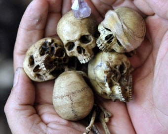 High Detailed Realistic Human Skull Sculpture with Amethyst Crystals, Realistic Skull Miniatures, Gothic Style Resin Art