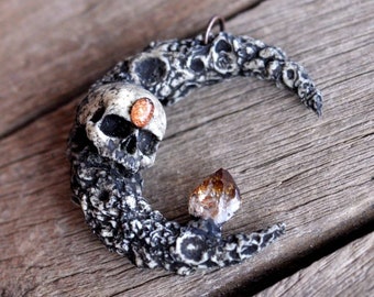 Skull Moon Pendant, Crescent Moon Necklace, Citrine Crystal Pendant, Sunstone Gem Necklace, Gothic Style Necklace,Resin Jewelry