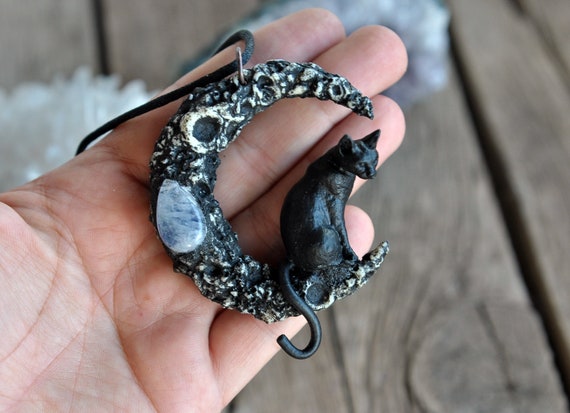 Celestial Black Cat on the Moon Necklace Celestial Black Cat on the Moon Necklace