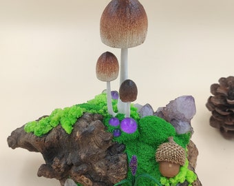 Fairy Fantastic Mushrooms for Home Decor, Natural Tree Trunk & Acorn, Decorative Shroom, Moss with Cactus Amethyst Crystal, Nature Art Deco