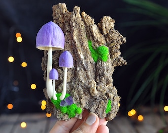 Realistic Bark Wall Decoration Art, Cute Mushrooms Family for Wall Decor, Decorative Amethyst Crystals, Housewarming Party Gifts