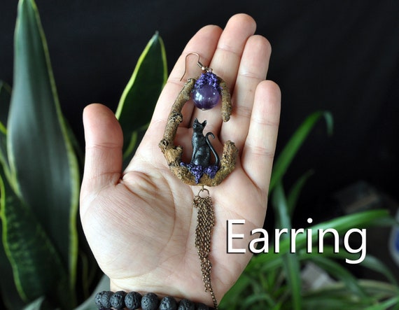 Realistic Tree Branch Earring Black Cat Earring Amethyst Earring Polymer Clay Jewelry Resin Jewelry Etsy Canada