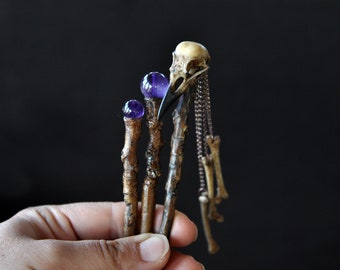 Realistic Crow Skull and Bones Hair Sticks, Realistic Tree Branch Hair Wand, Amethyst Beads Hair Accessories, Gothic Style Wedding