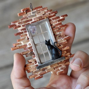 Cat Jewelry, Cat Necklace, Wearabe Art, Cat Pendant, Old Window Pendant, Diorama Art Jewelry, Home Decoration, Miniature Sculpture Jewelry