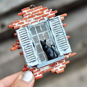 Cat Jewelry, Cat Necklace, Wearabe Art, Cat Pendant, Old Window Shutters Pendant, Diorama Art, Home Decoration, Miniature Sculpture Jewelry