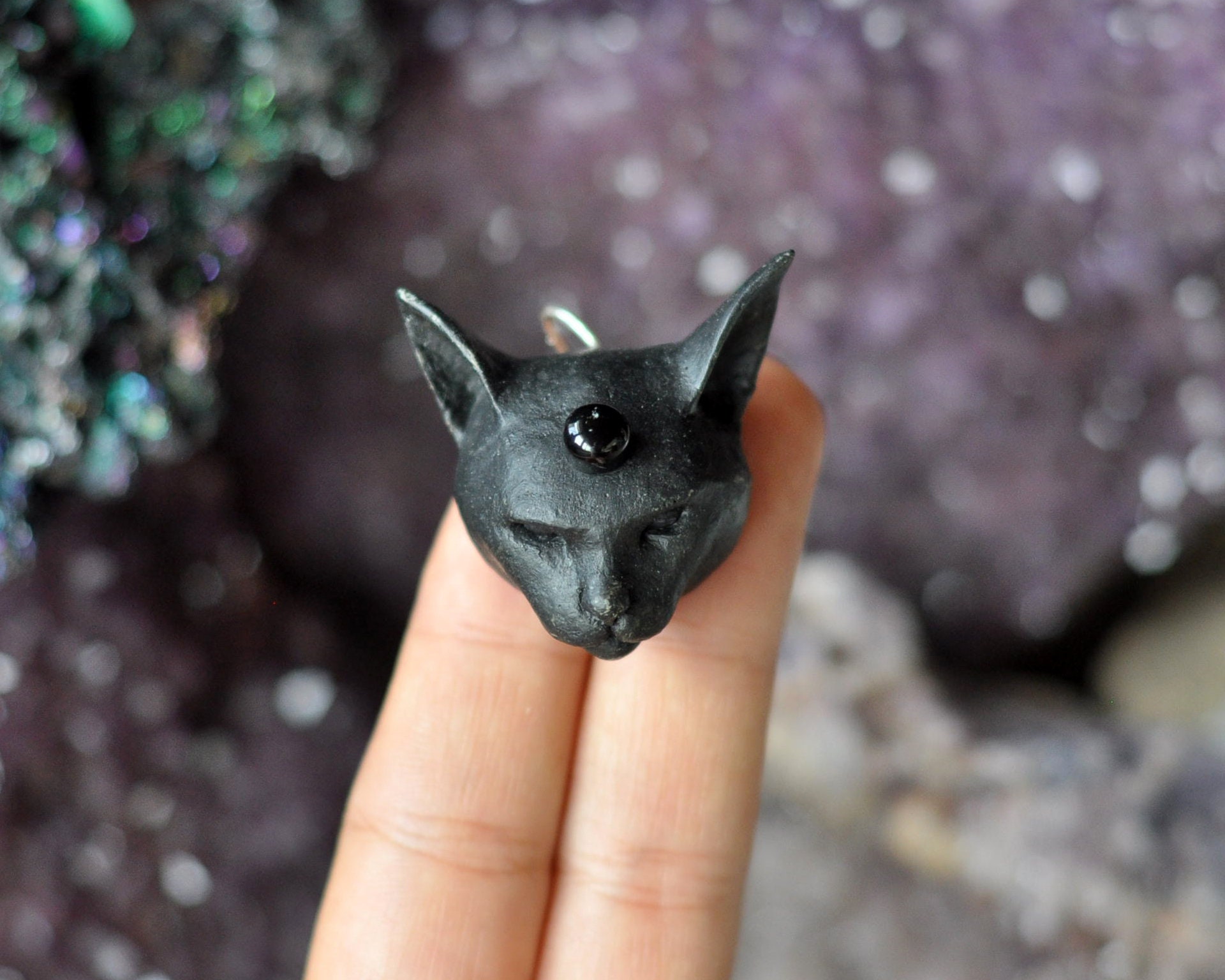 Onyx Gemstone Cat Pendant, Miniature Black Cat Head Pendant
