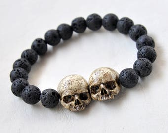 Love Forever Realistic Skulls Bracelet, Black Volcanic Lava Beaded Bracelet, Gothic Style Skull Art Jewelry