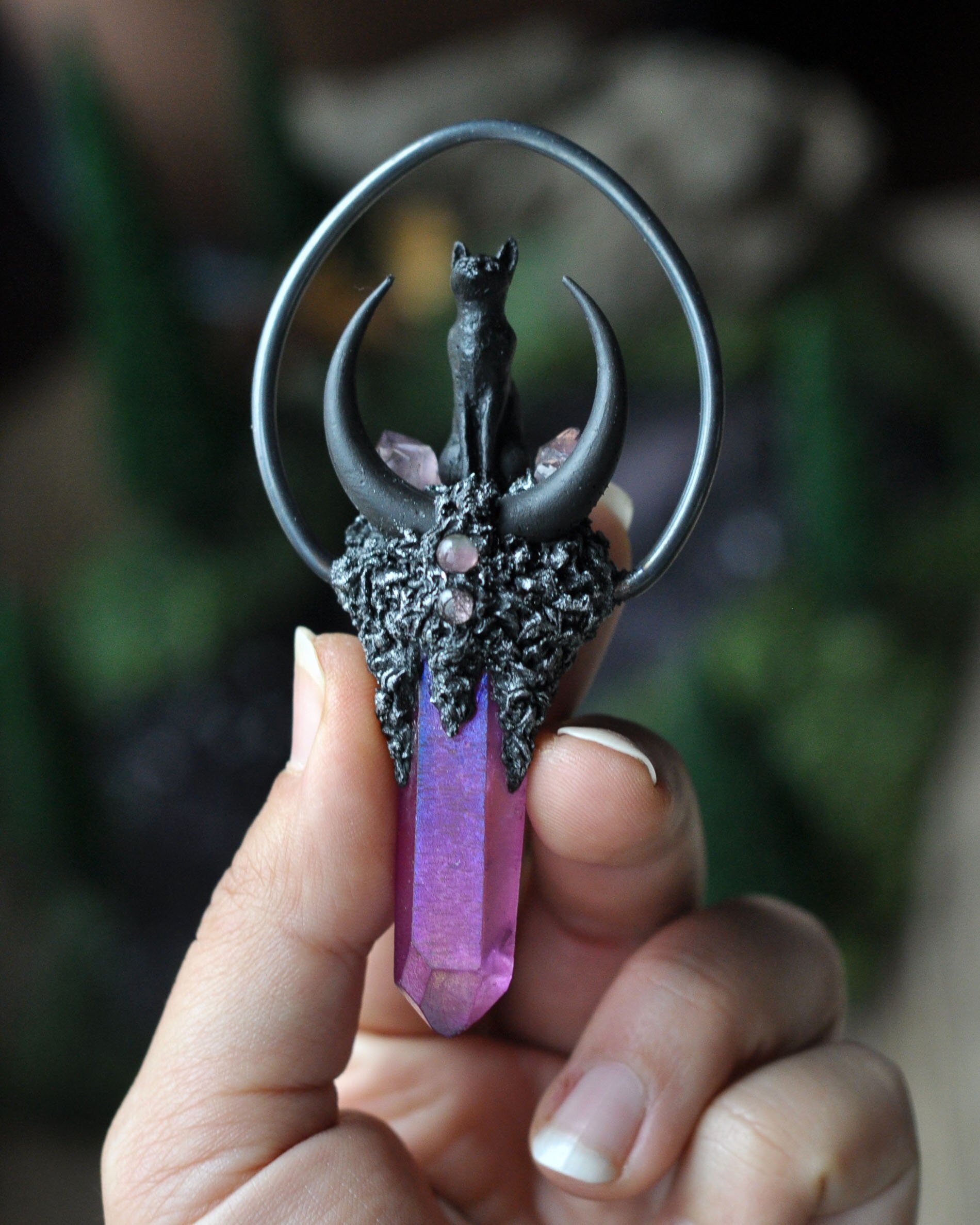 Pink Aura Lemurian Quartz Crystal Pendant Cat Pendant Pink