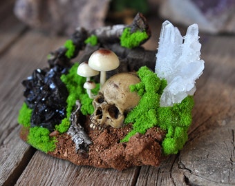 Realistic Skull and Mushrooms Art Object, Realistic Mossy and Rocks Home Decoration Object, Miniature Sculptures Resin Art, Quartz Crystal