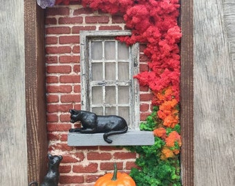 Decorative Cat Diorama Art, Amethyst Crystal, Farmhouse Style Home Decor, Fall Autumn Colors, Happy Fall Gift, Rustic Home Wall Decoration