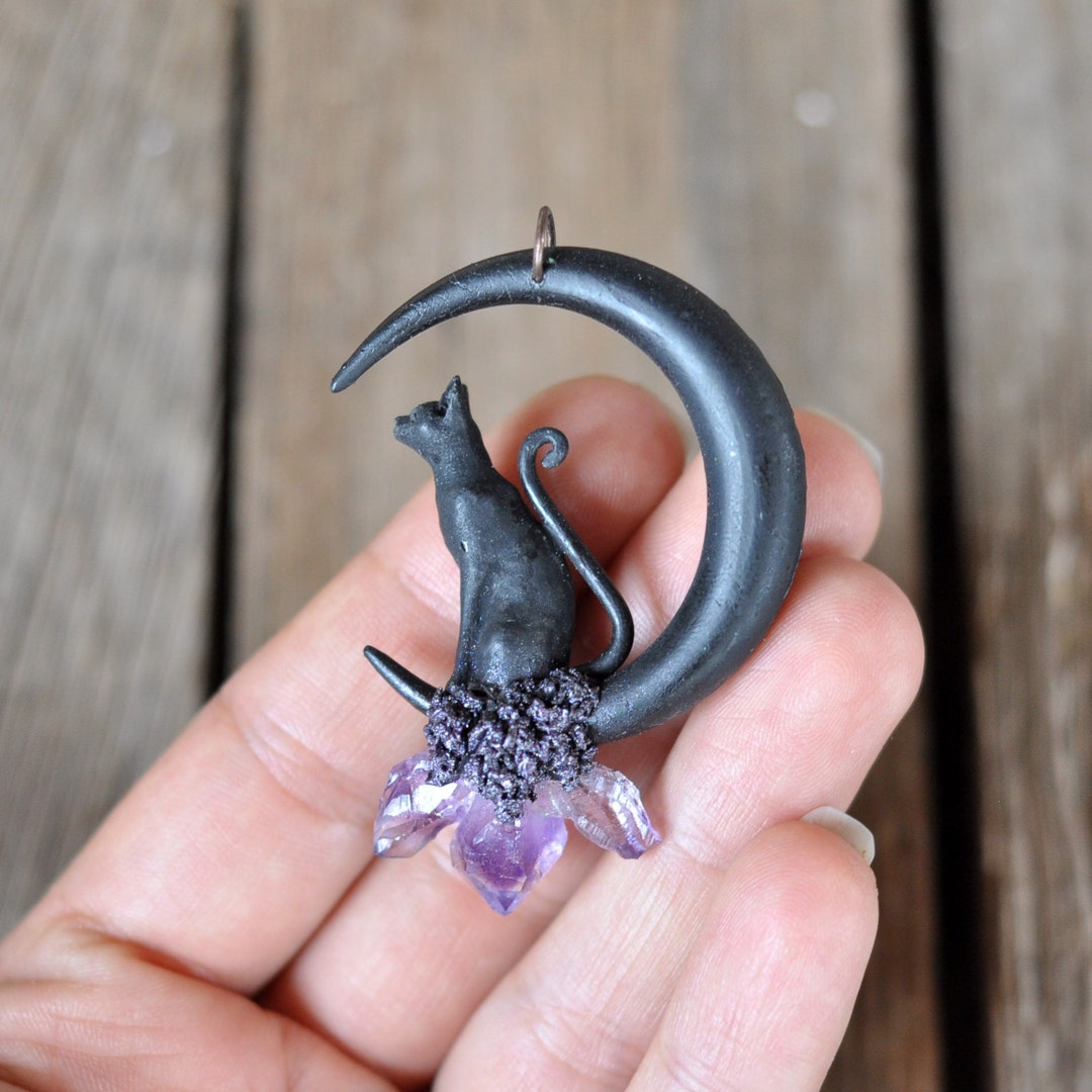 Black Cat Pendant, Cat Jewelry, Crescent Sailor Moon Necklace, Polymer