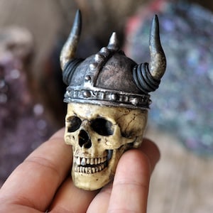 Realistic Viking Helmet Skull, Miniature Human Skull Art, Decorative Viking Helmed Skull, Gothic Style Decorative Art Object