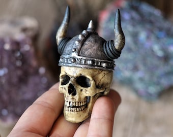 Realistic Viking Helmet Skull, Miniature Human Skull Art, Decorative Viking Helmed Skull, Gothic Style Decorative Art Object