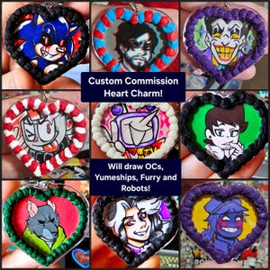 May include: A collection of heart-shaped charms featuring various hand-drawn character illustrations, each framed by a textured, coloured border. The central text reads: Custom Commission Heart Charm! Will draw OCs, Yumeships, Furry and Robots!