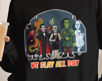 Hairstylist Halloween Gift, We Slay All Day Shirt, Sweatshirt or Candle
