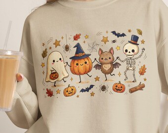 Cute Halloween Sweatshirt Ghost Pumpkin Bat Skeleton | Kids Youth Hoodie | Unisex Adult Tee Crewneck | Spooky Season Fall Shirt Gift
