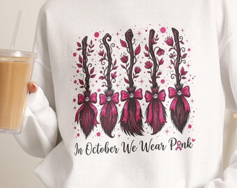 In October We Wear Pink Sweatshirt, Breast Cancer Awareness Halloween Crewneck