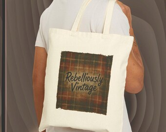 Rebelliously Vintage Tote Bag, Retro Plaid Canvas Bag, Grunge Aesthetic Shopper, Vintage Style Reusable Tote, Cotton Bag Gift