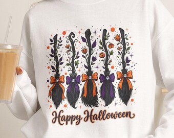 Happy Halloween Witch Broom Sweatshirt, Floral Bow Spooky Season Crewneck