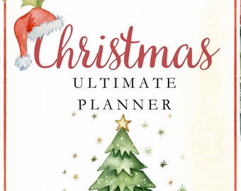 Puede incluir: Una ilustración de acuarela de un planificador de Navidad con un árbol de Navidad verde, lazos rojos y hojas de acebo. El texto "Christmas Ultimate Planner" está escrito en rojo.