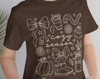 Cozy Season Shirt, Fall Aesthetic T-Shirt, Minimal Line Art Pumpkin Bow Tee, Autumn Coffee Candle Graphic, Coquette Fall Shirt, Gift for her
