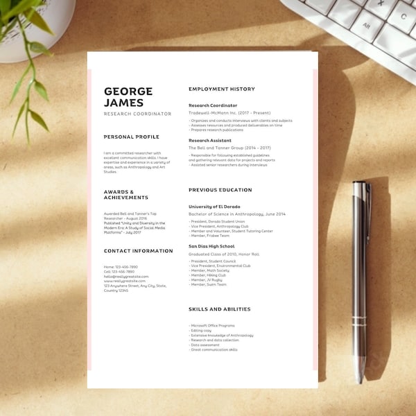 Formal Academic Resume Template, White Canva Professional CV Template, Simple CV, Clean, Simple, Modern, Minimalist Resume Template for Word