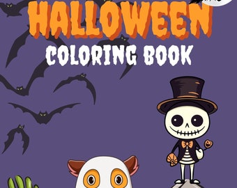 Op de afbeelding: Een Halloween kleurboekomslag met een spookhond die een pompoen emmer met snoep vasthoudt, een skelet met een hoge hoed en vlinderdas dat op een grafsteen staat met de tekst "RIP", en vleermuizen die in de nachtelijke hemel vliegen.