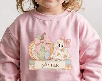 Pastel Patchwork Pumpkin and Ghost Toddler Sweatshirt | Personalized Name