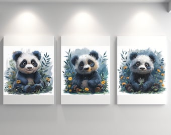 Panda Art Prints: Watercolor Nursery Decor, Set of Four (Digital Download)