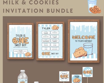 May include: A printable invitation bundle for a first birthday party with a milk and cookies theme. The bundle includes a welcome sign, a sign with the child's name and age, a sign with the child's milestones, cupcake toppers, and water bottle labels. The design features a blue and white striped background with milk and cookies illustrations.