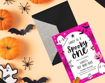 May include: Pink and black Halloween party invitation with a cute ghost and pumpkin illustration. The text reads "Laney is a Spooky One" and includes details for the party, including the date, time, and location.