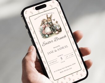 Editable Easter Brunch Invitation Template | Vintage Bunny Egg Hunt Invite | Canva Digital Download | Pastel Spring Party Invite