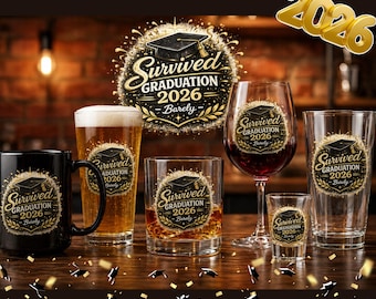 Funny Graduation 2026 Glassware, Survived Graduation Gift for Parents, Mom Dad Mug or Wine Glass